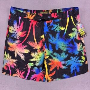 New Surf Society Swim Trunks Men's Large Rainbow Palm Trees Black Shorts Pride